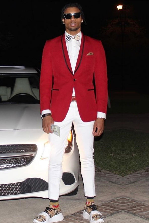 Red Shawl Lapel One-Button Prom Suit with White Pants