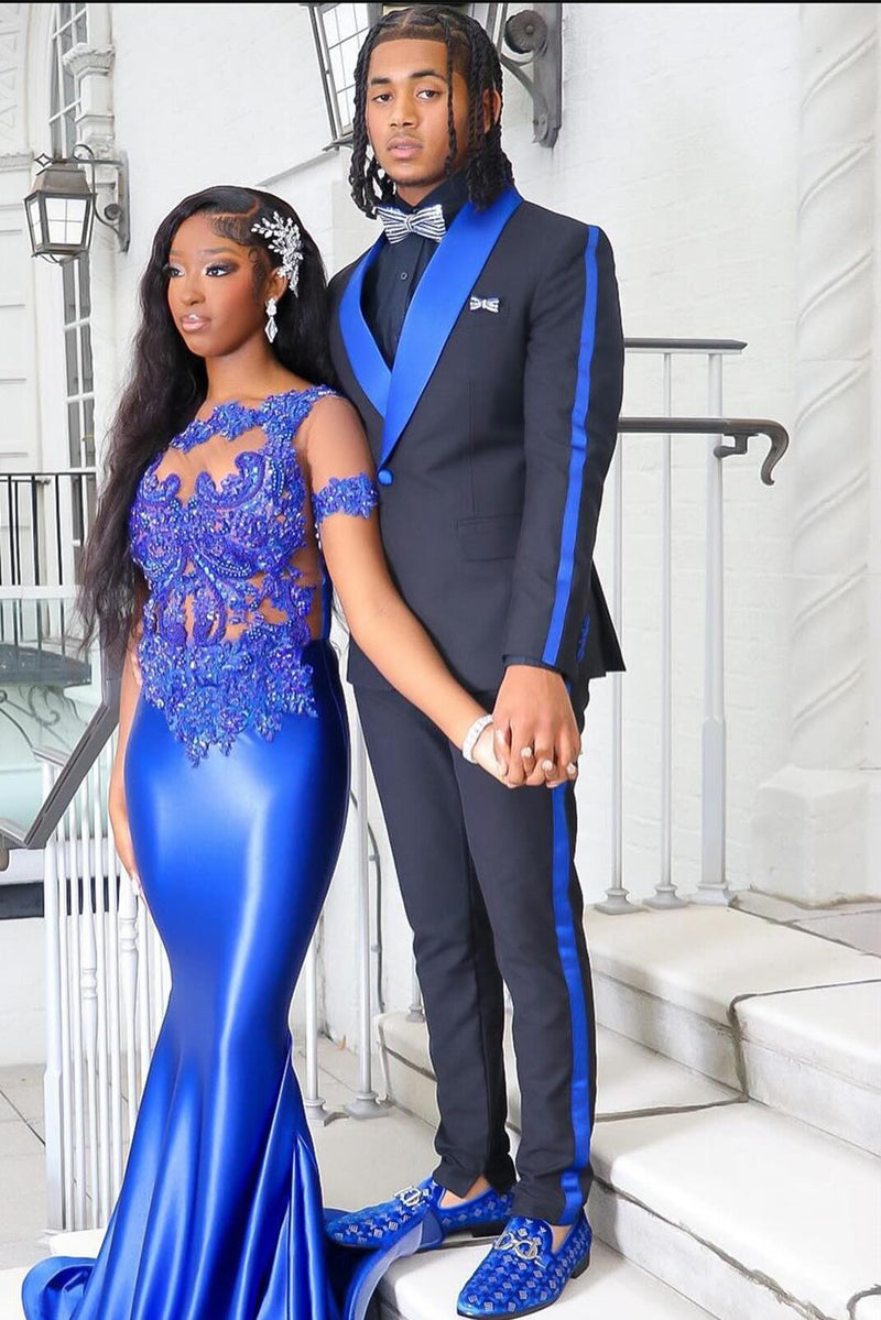 Black Prom Suit with Blue Shawl Lapel