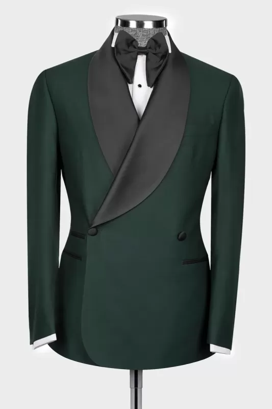 Fashion Dark Green Shawl Lapel Double-Breasted Wedding Suit