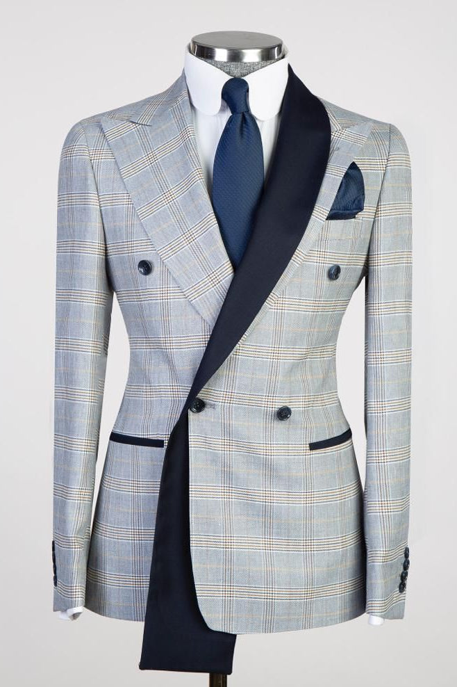 Light Blue Peaked Lapel Double-Breasted Plaid Prom Suit