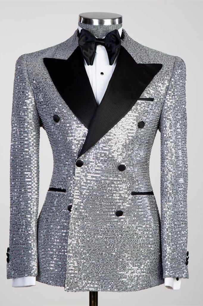 Silver Sequin Black Peaked Lapel Double-Breasted Men's Suit
