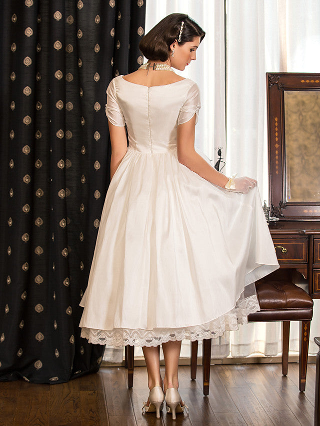 1950s Vintage Short A-Line V Neck Wedding Dresses with Sleeves-showprettydress