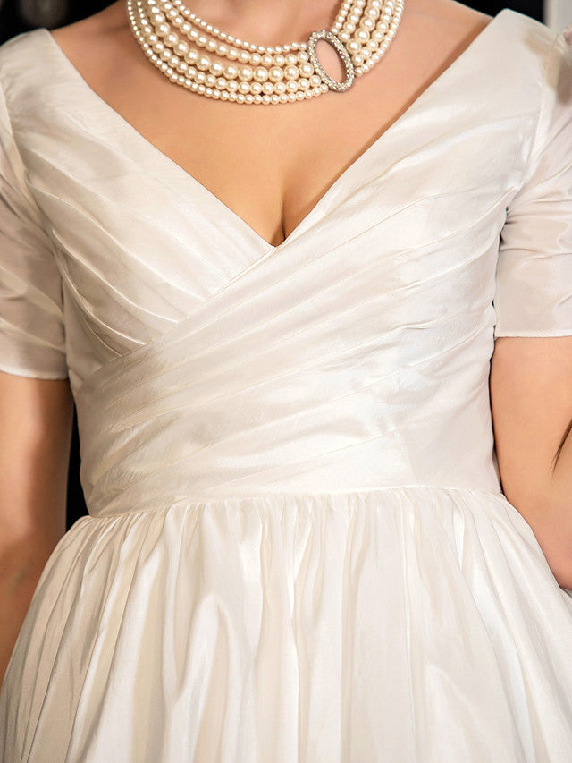 1950s Vintage Short A-Line V Neck Wedding Dresses with Sleeves-showprettydress