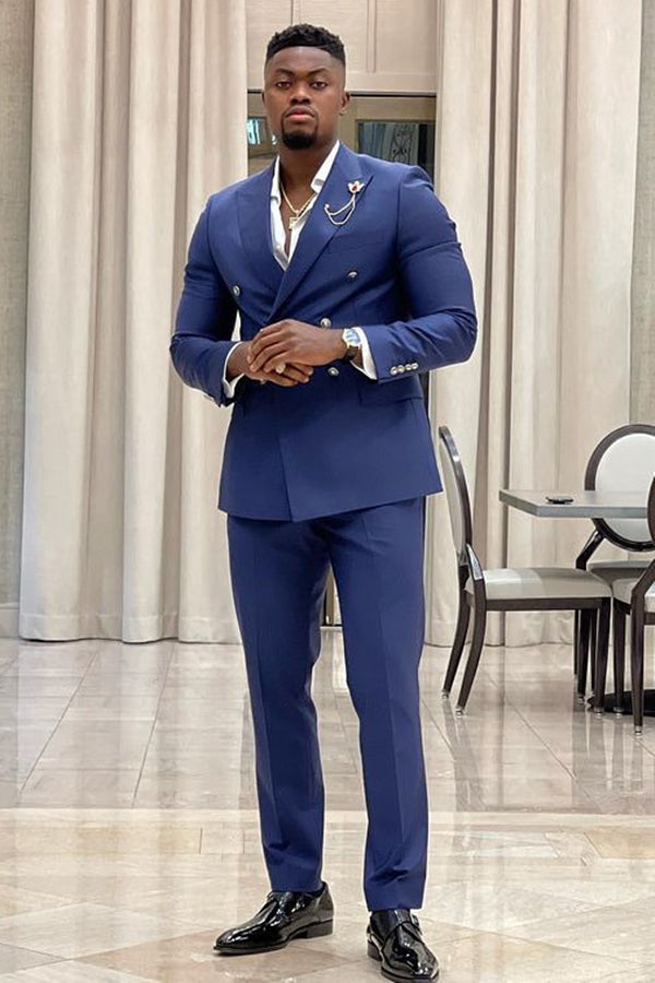 Navy Peaked Lapel Double-Breasted Prom Suit