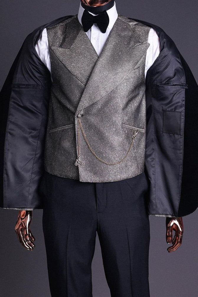 Light Champagne 3-Piece Black Velvet Lapel Men's Suit