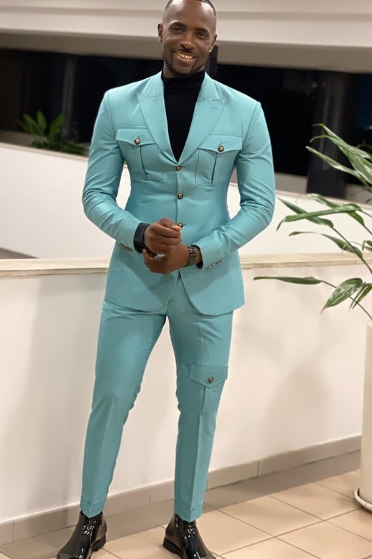 Decent Teal Peaked Lapel Close-Fitting Prom Suit