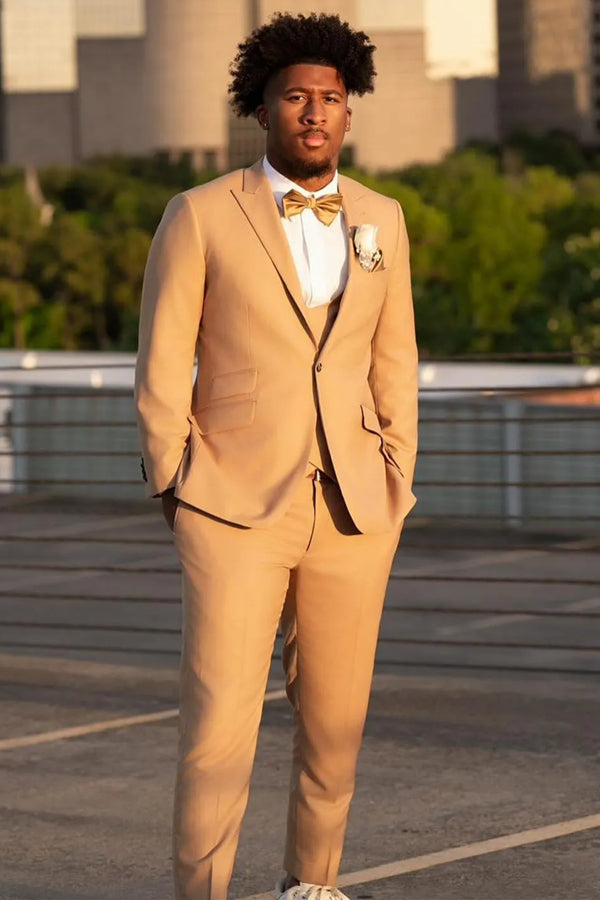 Khaki Peaked Lapel 3-Piece One-Button Prom Suit