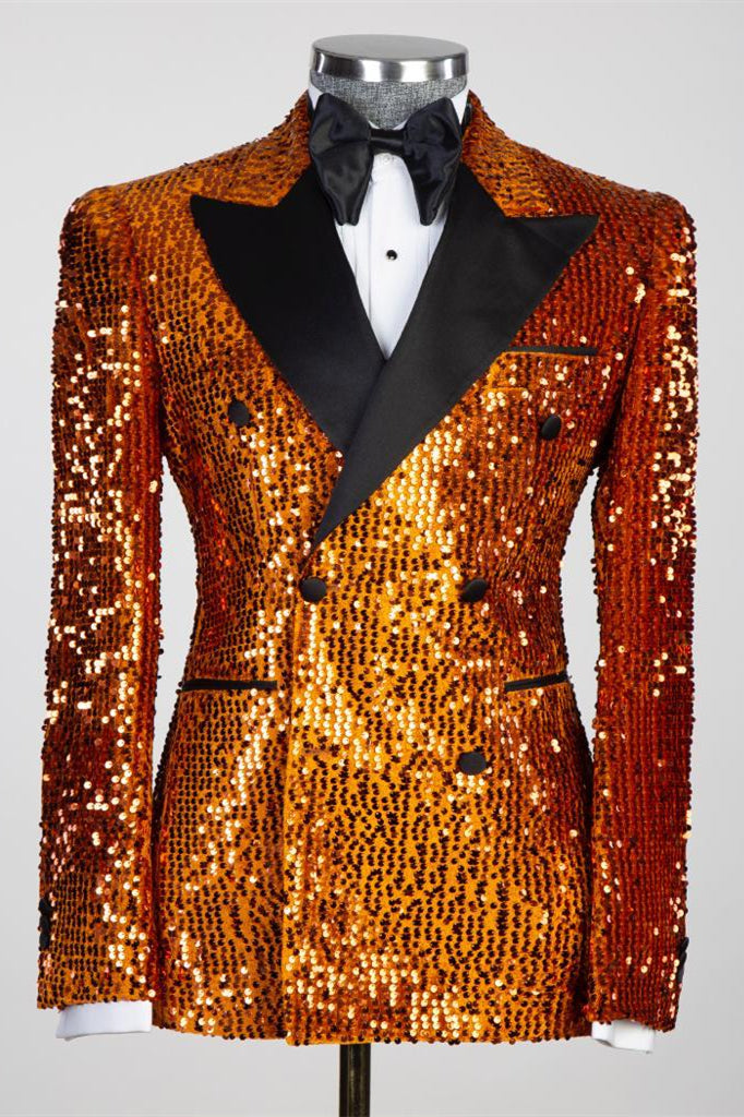 Caramel Sequin Peaked Lapel Double-Breasted Prom Suit