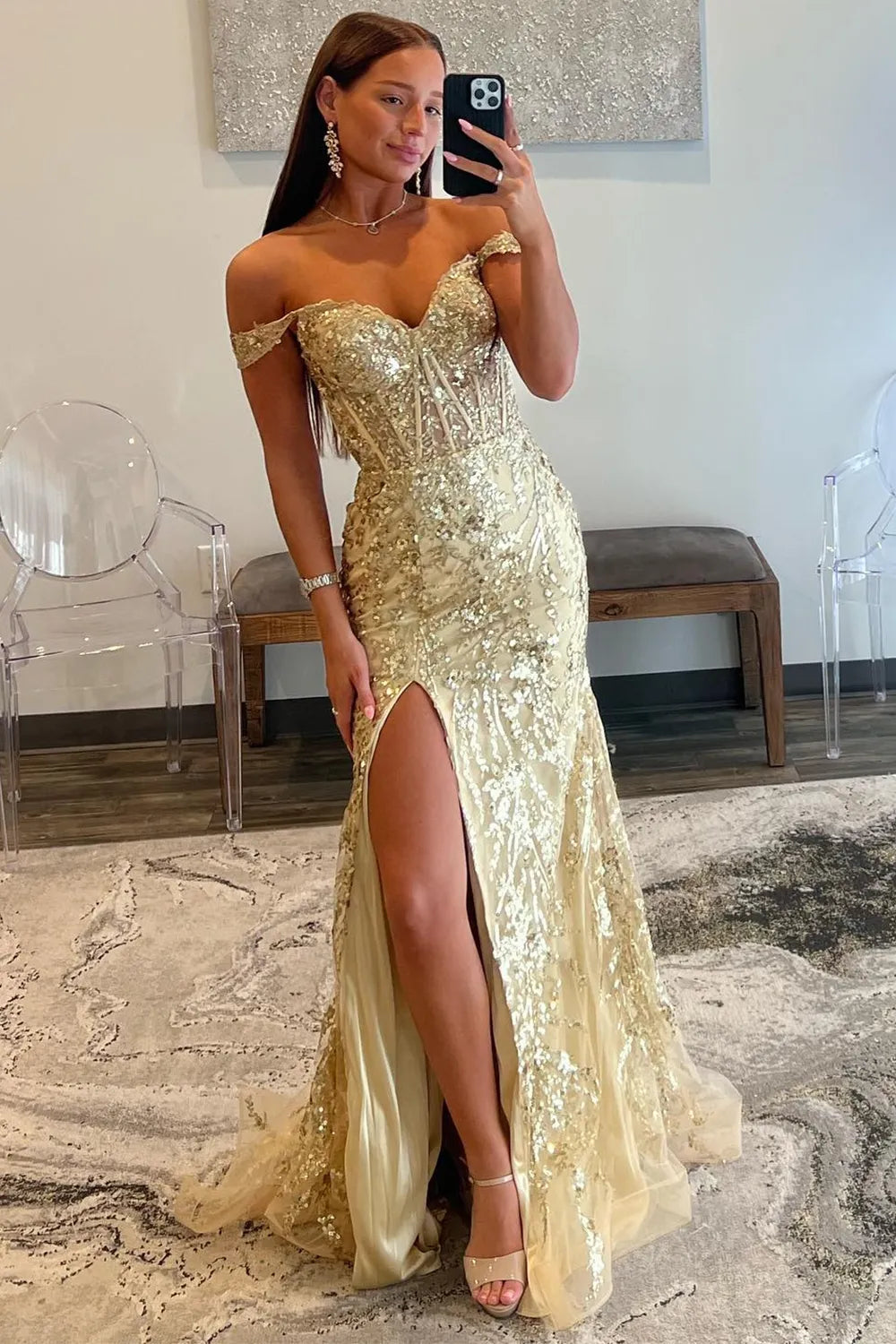Sparkly Off the Shoulder Mermaid Sequins Long Prom Dress with Slit