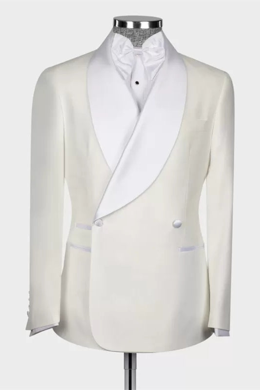 Elegant White Shawl Lapel Double-Breasted Wedding Suit