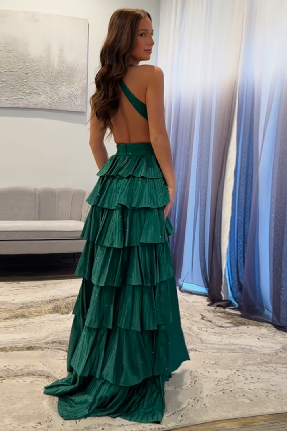 Dark Green Sparkly A Line Beaded Long Corset Prom Dress with Slit