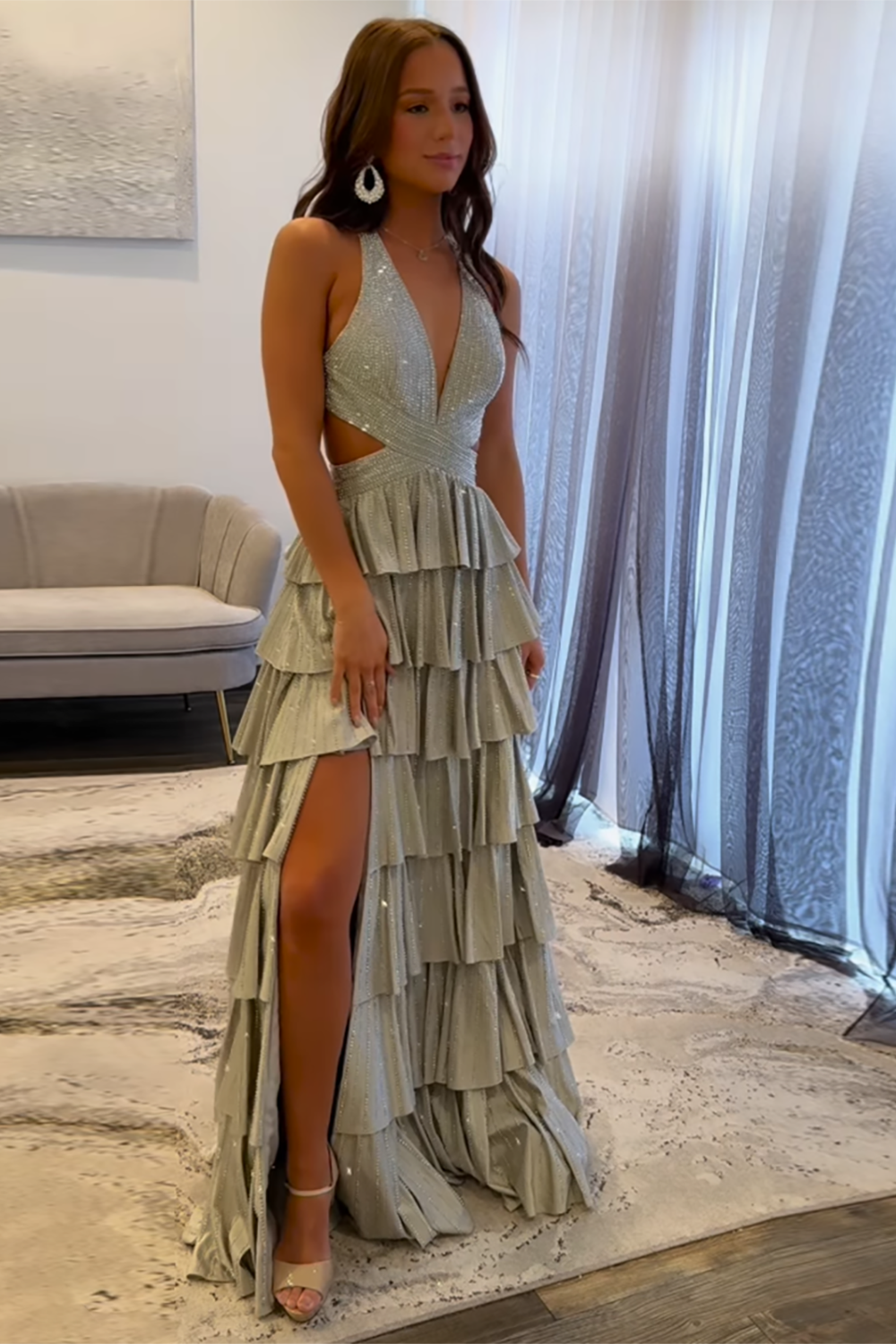 Dark Green Sparkly A Line Beaded Long Corset Prom Dress with Slit