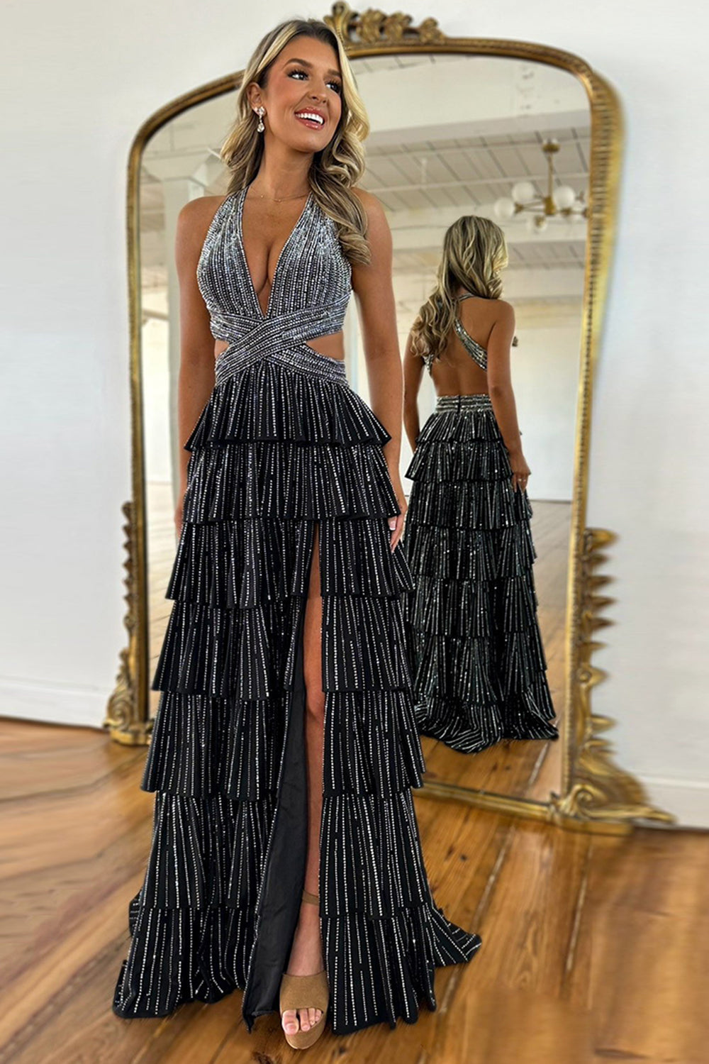 Dark Green Sparkly A Line Beaded Long Corset Prom Dress with Slit