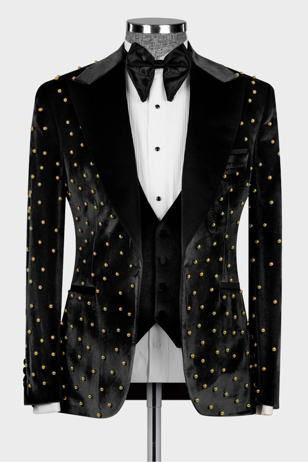 Luxury Black Velvet 3-Piece Prom Suit with Gold Beadings for Dinner