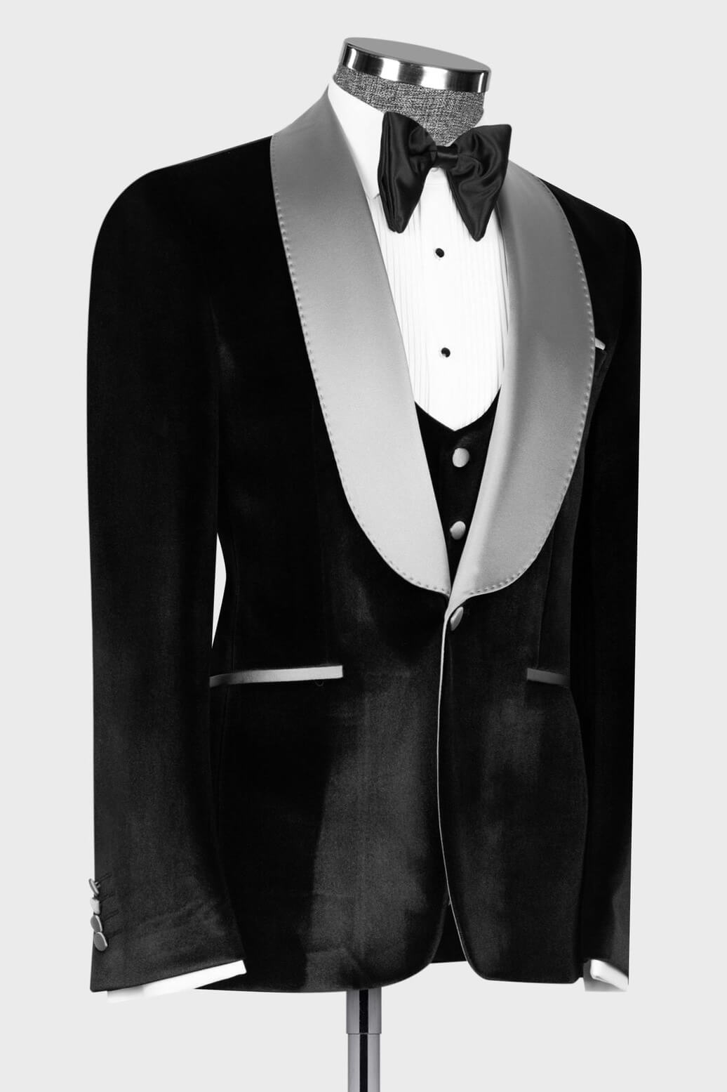 Silver Sash Shawl Lapel Black Velvet 3-Piece Prom Tuxedo for Weddings