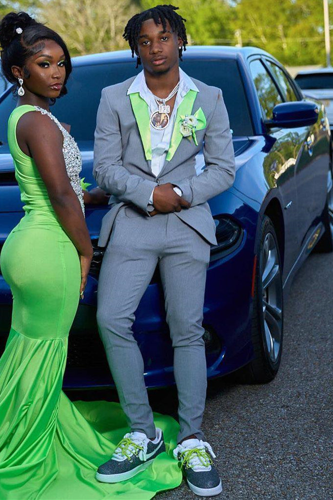 Gray Prom Suit with Green Peaked Lapel