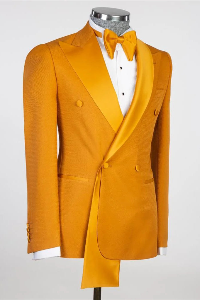 Orange Peaked Lapel Two-Layer Satin Double-Breasted Men's Suit