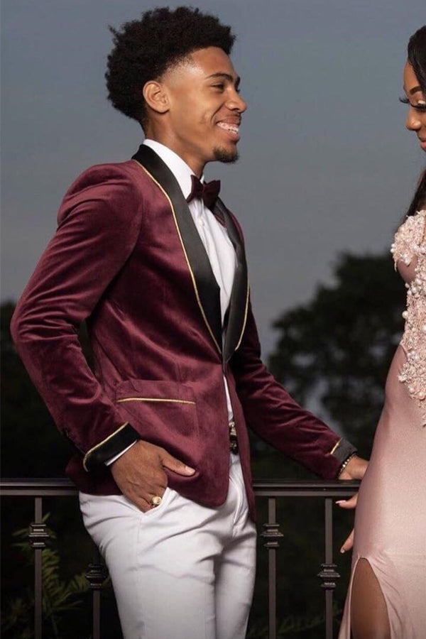 Mauve Velvet Prom Suit with Black Shawl Lapel and White Pants