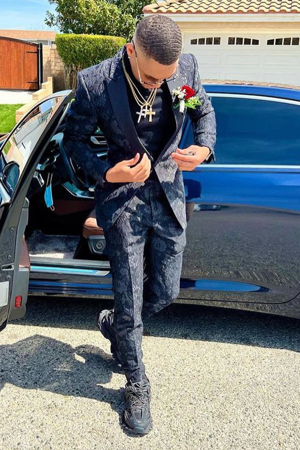 Black Jacquard Peaked Lapel Prom Suit