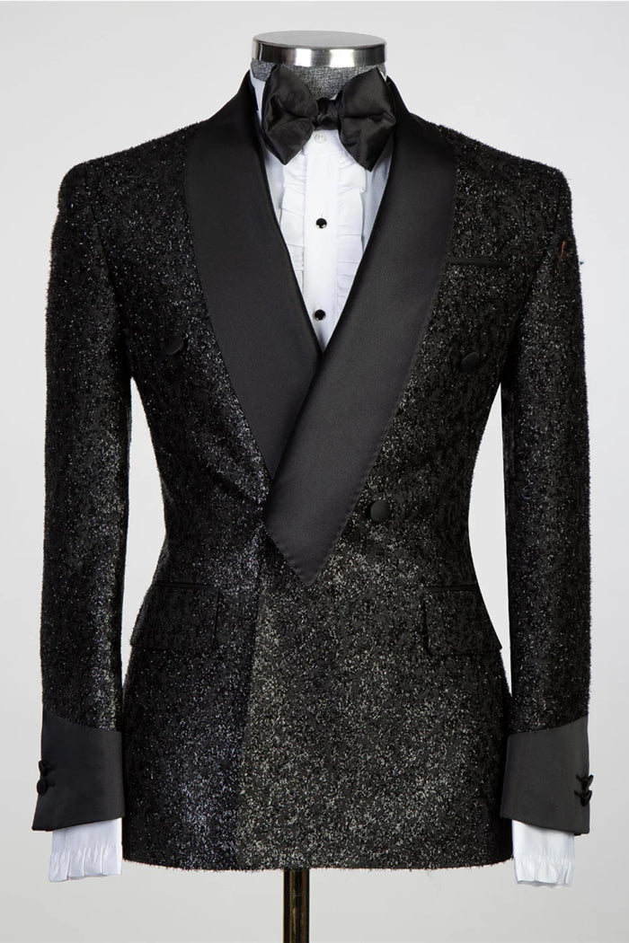 Lapel Sparkling Black Men's Suit with Ribbon Belt