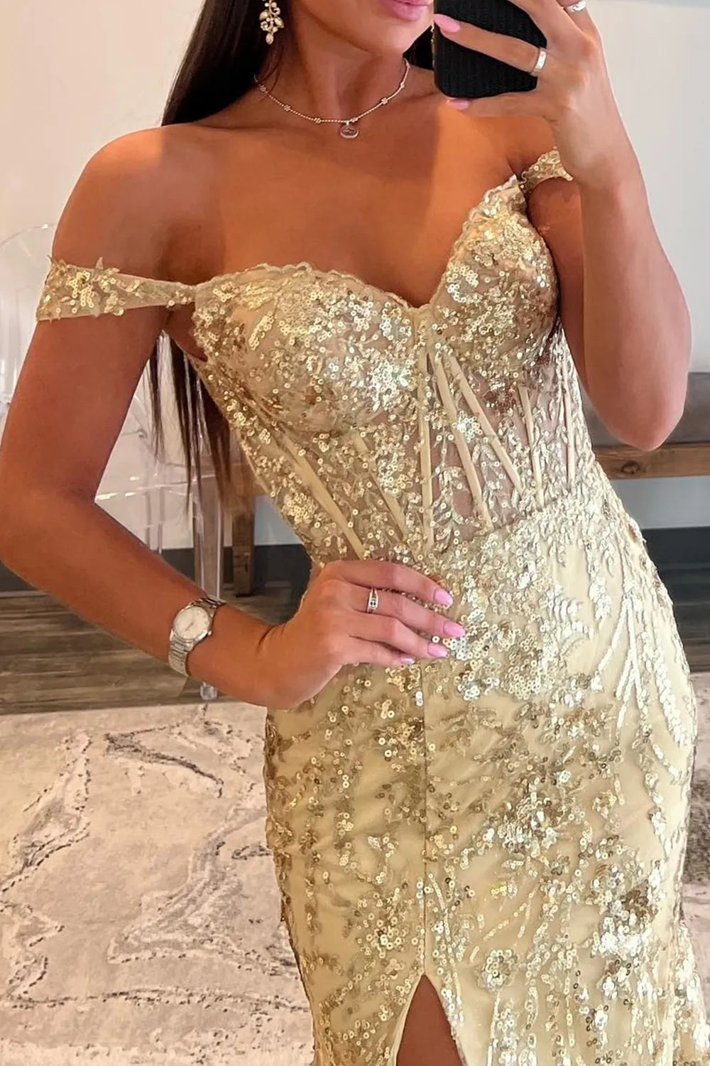 Sparkly Off the Shoulder Mermaid Sequins Long Prom Dress with Slit