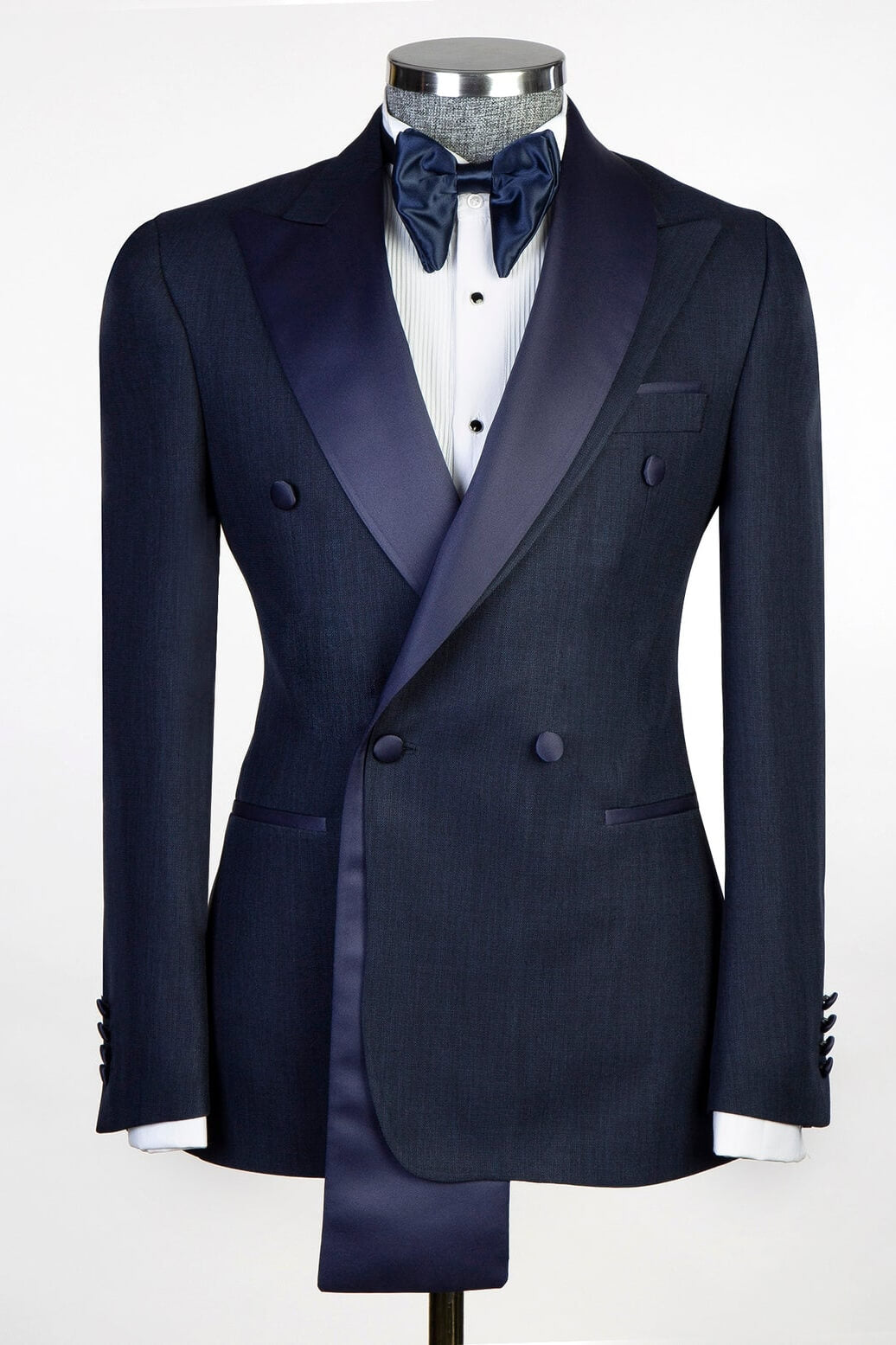 Dark Navy Double-Breasted Formal Suit with Satin Lapel