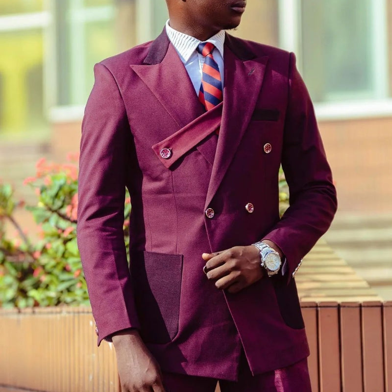 Fashion Plum Peaked Lapel Double-Breasted Prom Suit