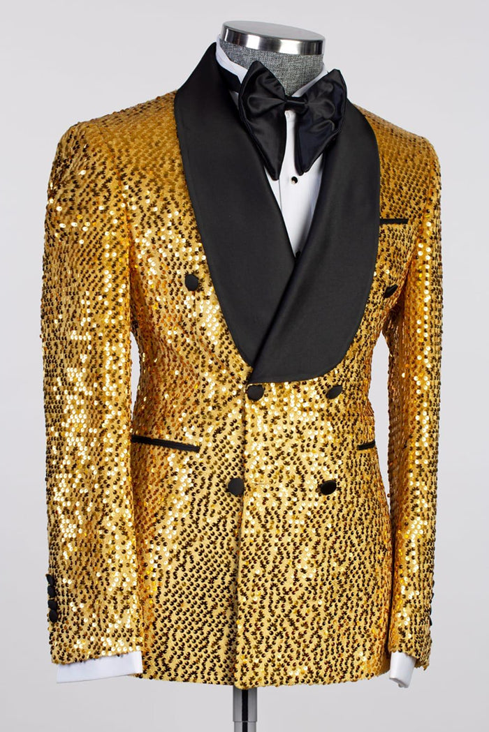 Gold Sequin Shawl Lapel Double-Breasted Prom Suit