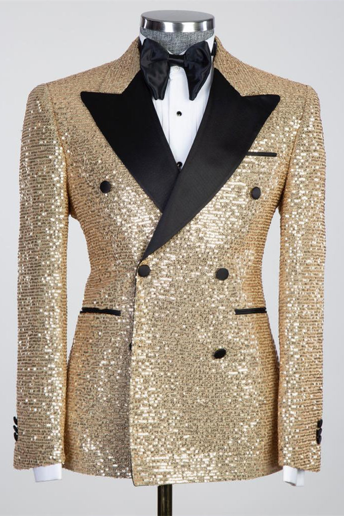Gold Sequin Black Peaked Lapel Men's Prom Suit