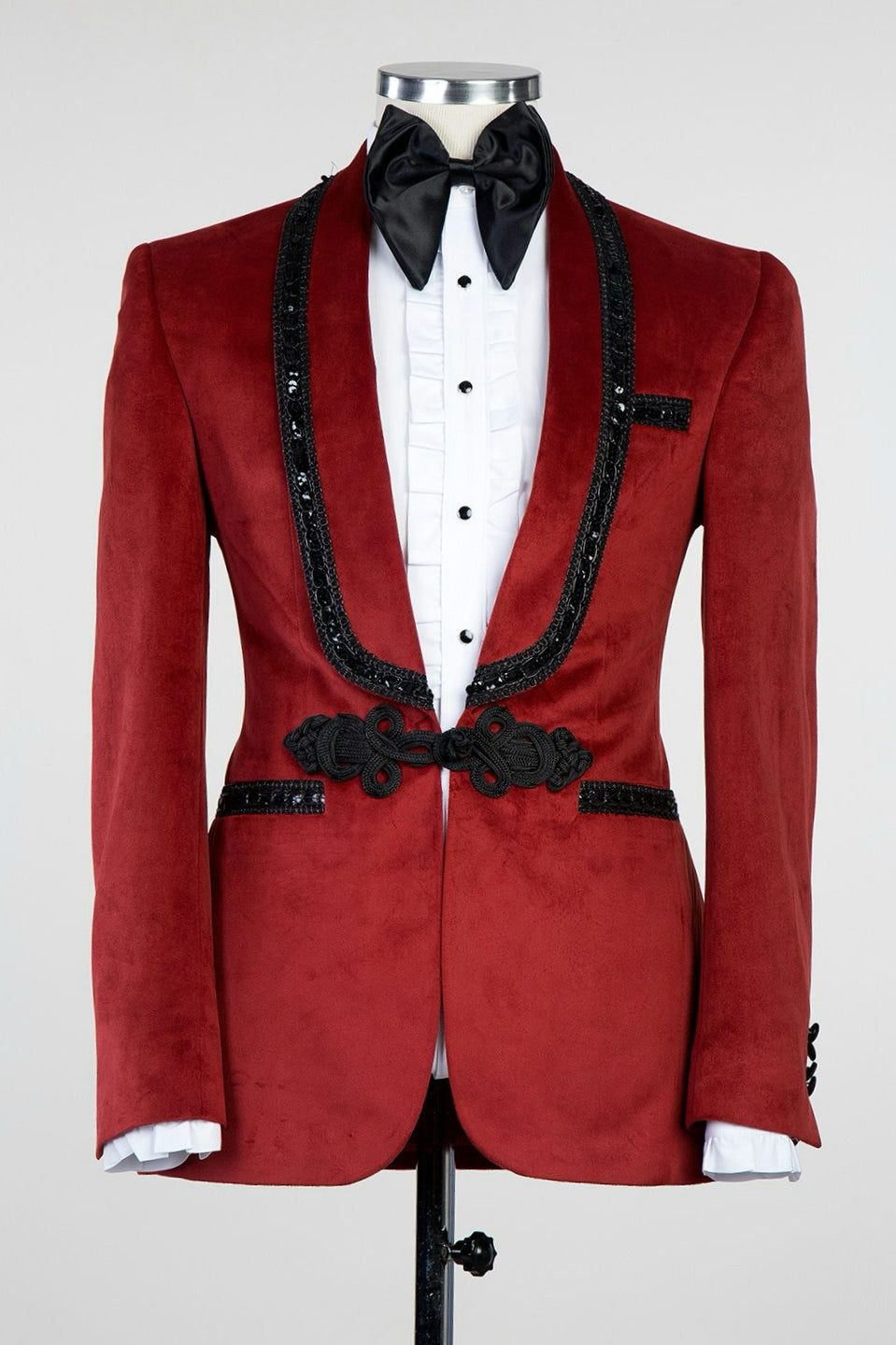 Dark Red Velvet Knitted Button Prom Suit with Black Chains
