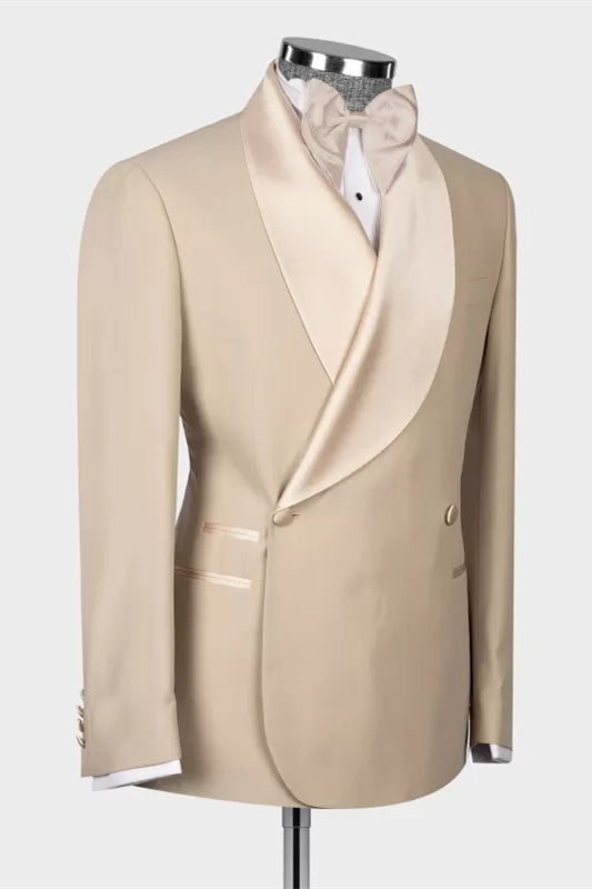 Decent Khaki Shawl Lapel Double-Breasted Wedding Suit