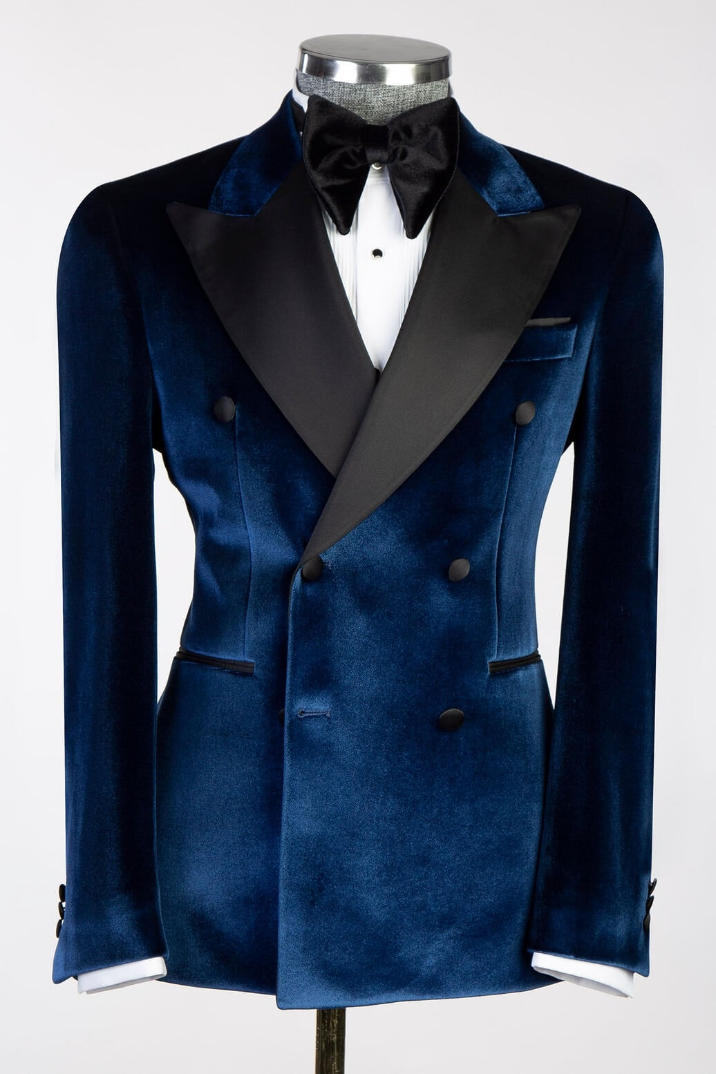 Navy Blue Velvet Black Satin Peaked Lapel Wedding Suit