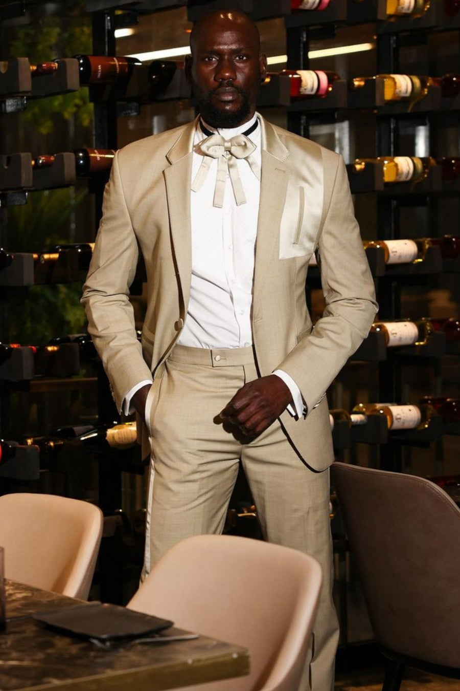 Khaki One-Button Prom Suit with Satin Trimmings