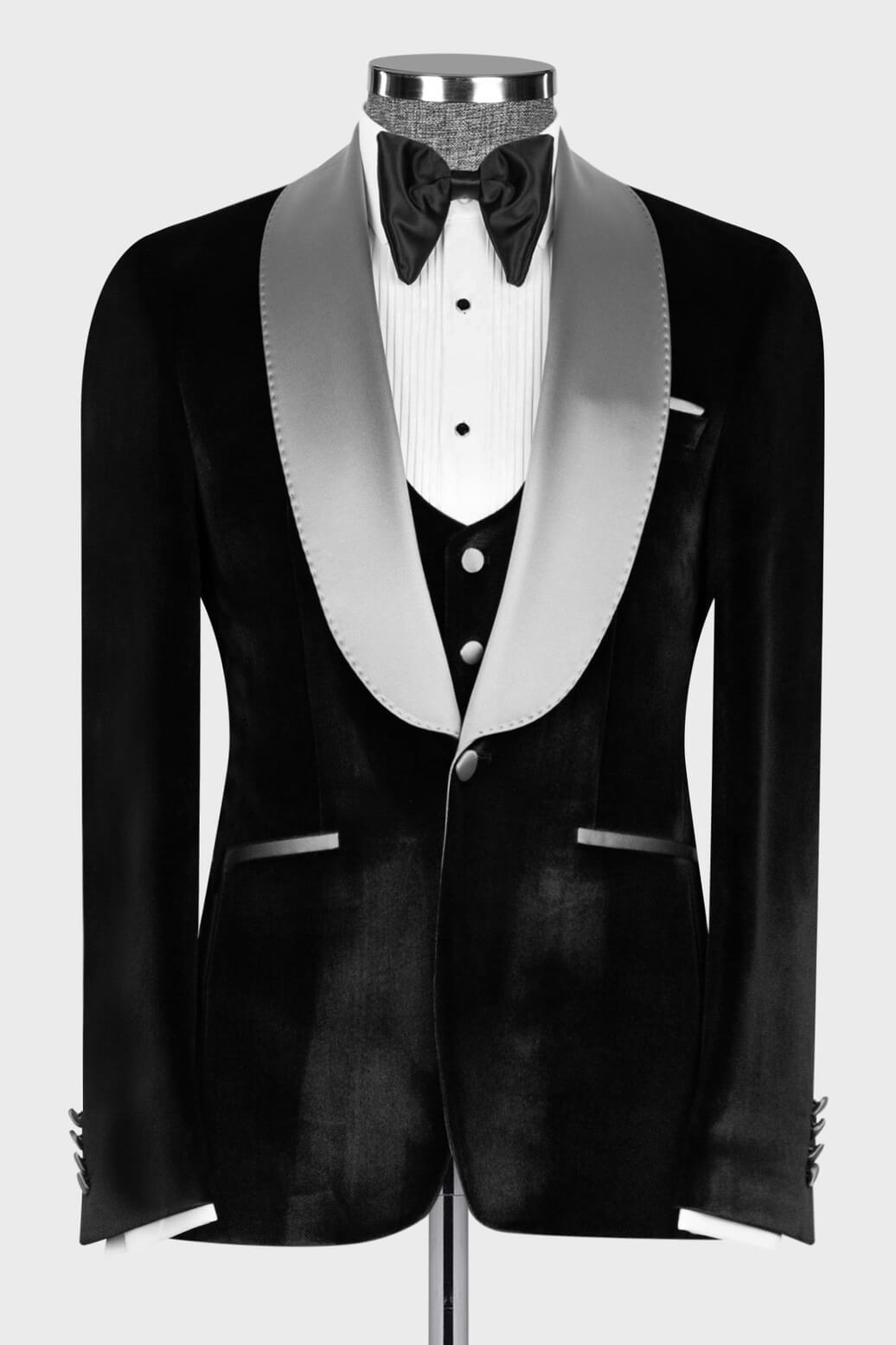 Silver Sash Shawl Lapel Black Velvet 3-Piece Prom Tuxedo for Weddings