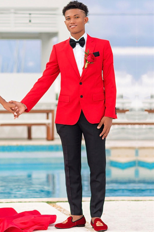 Red Notched Lapel Two-Button Prom Suit with Black Pants