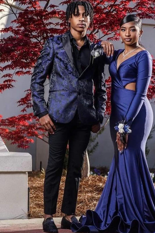 Dark Navy Jacquard Prom Suit with Black Peaked Lapel