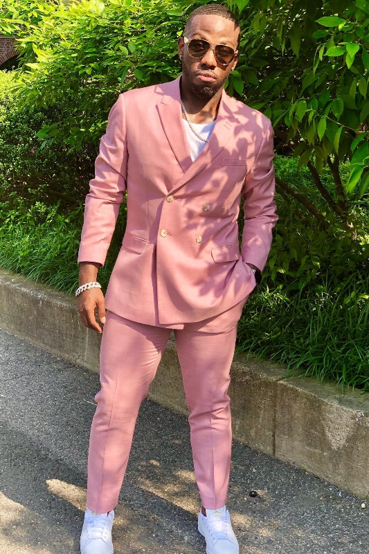 Classical Pink Peaked Lapel Close-Fitting Prom Suit