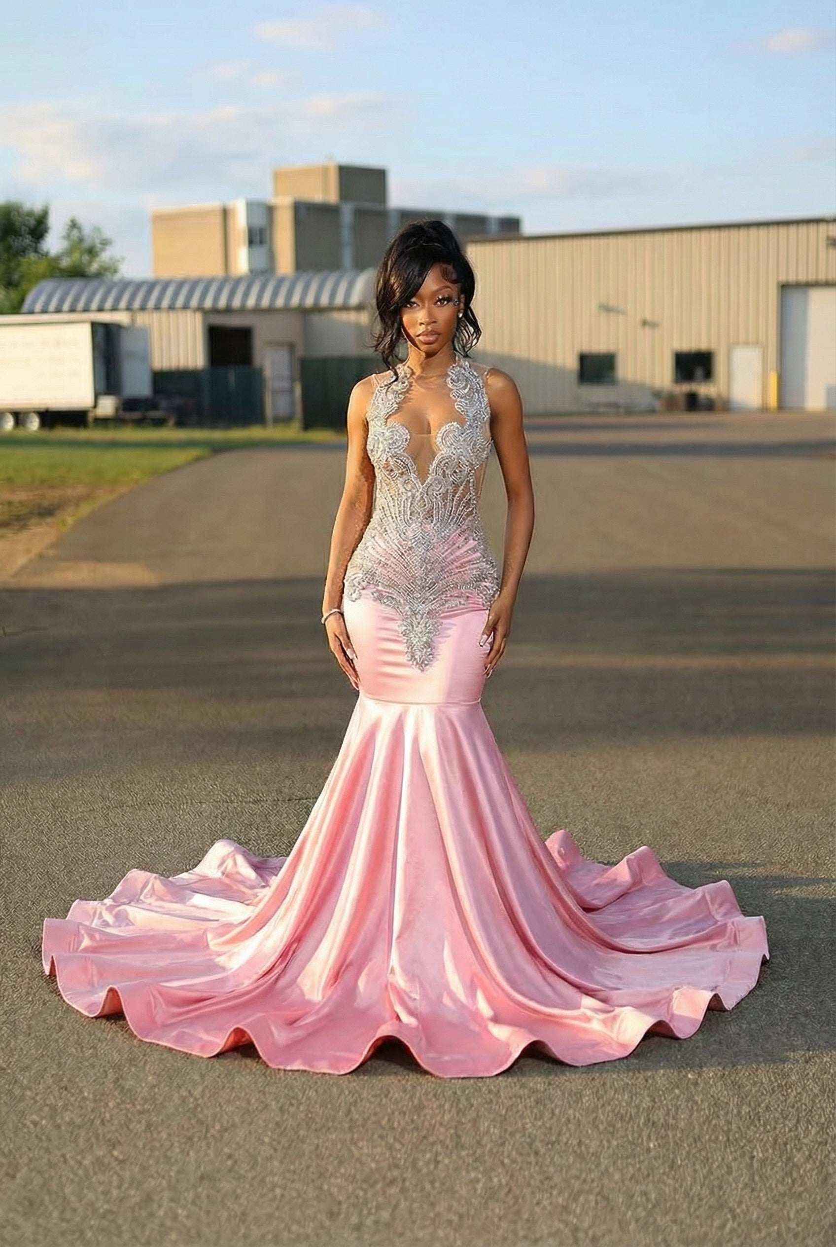 Unique Long Silver Beaded Pink Mermaid Prom Dress