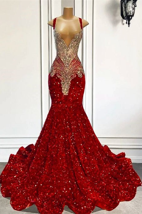 Red Long Sequins Mermaid Formal Prom Dresses Sleeveless With Crystal