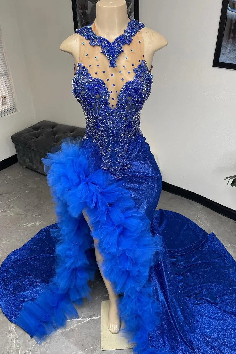 Royal Blue Ruffles High Split Court Train Sleeveless Long Mermaid Prom Dresses