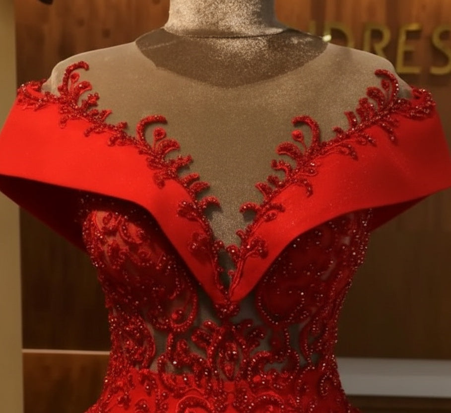 Scarlet Off-the-Shoulder Quinceanera Dresses Lace Crystal Puffy Ball Gown Evening Dress