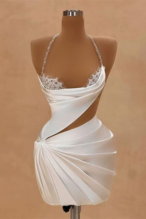 Chic Halter Sleeveless Homecoming Dresses Mini Sheath Prom Dress Pleats With Beads