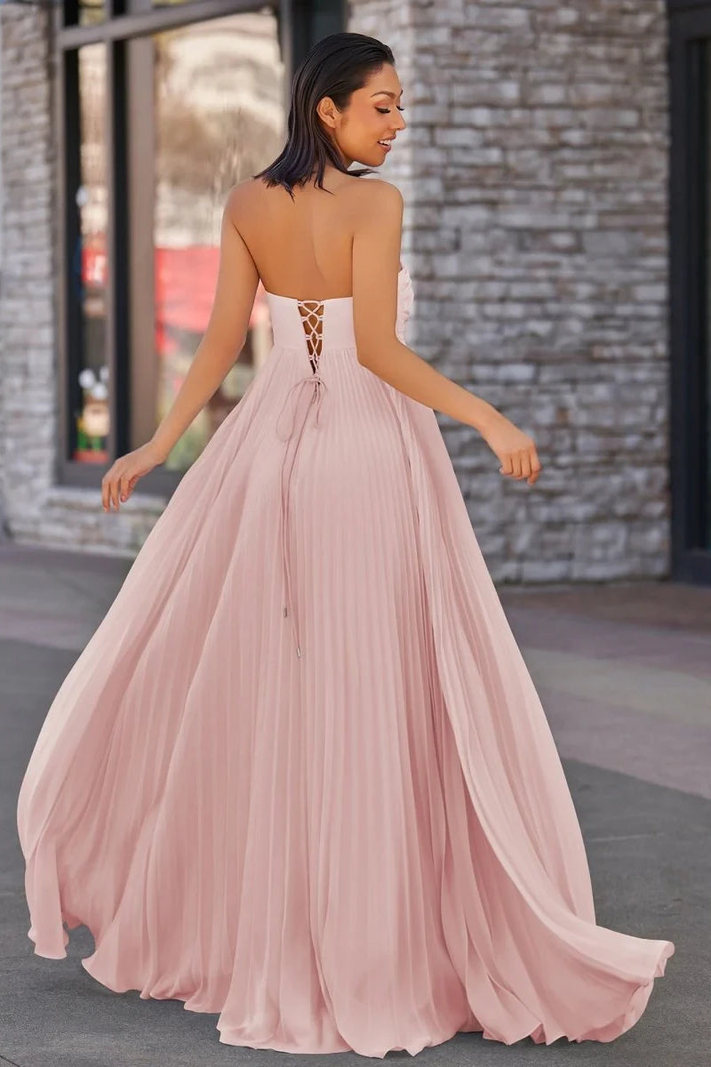 Romantic Sweetheart Strapless Sleeveless Prom Dresses Floor Length Pleats With Lace-Up Back
