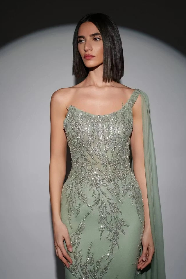 Glamorous Dusty Sage One Shoulder Sleeveless Mermaid Prom Dresses Sheath Sequins With Beads