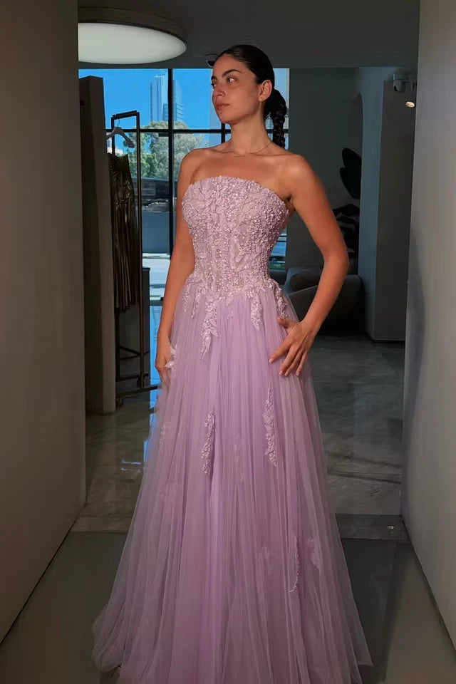 Luxurious Lilac Strapless Sleeveless Tulle Prom Dresses A-Line With Beads