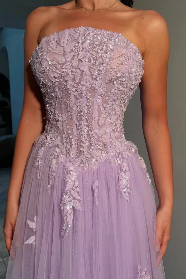 Luxurious Lilac Strapless Sleeveless Tulle Prom Dresses A-Line With Beads