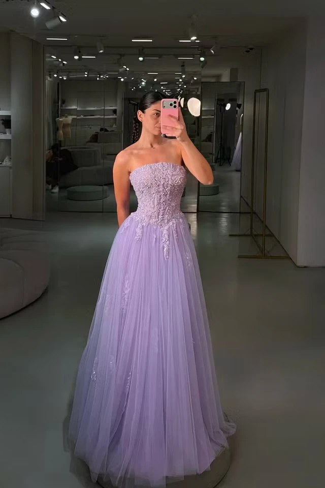 Luxurious Lilac Strapless Sleeveless Tulle Prom Dresses A-Line With Beads
