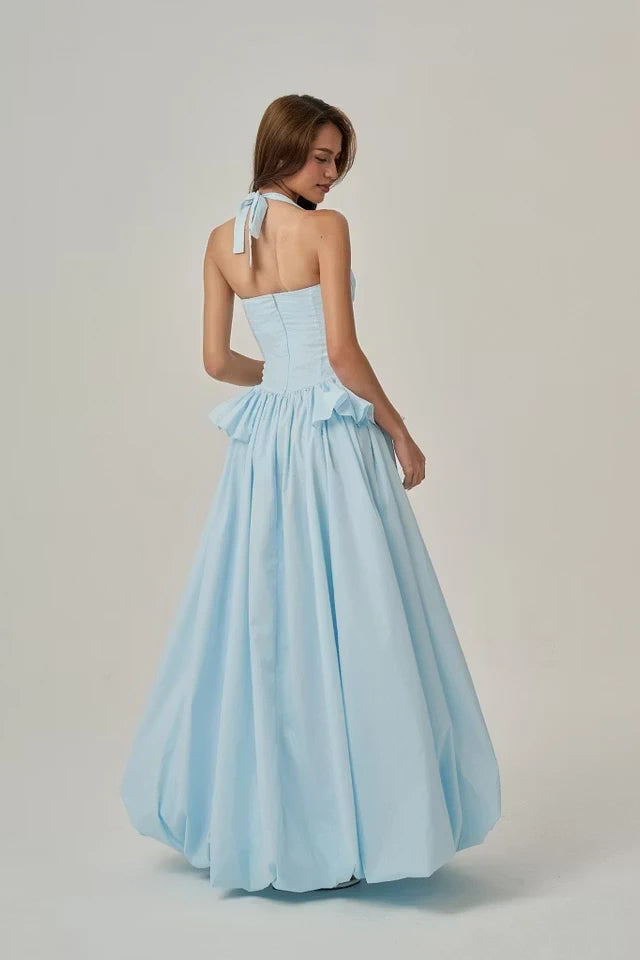Romantic Sky Blue Halter Sleeveless Satin Prom Dresses A-Line With Zipper Pleats