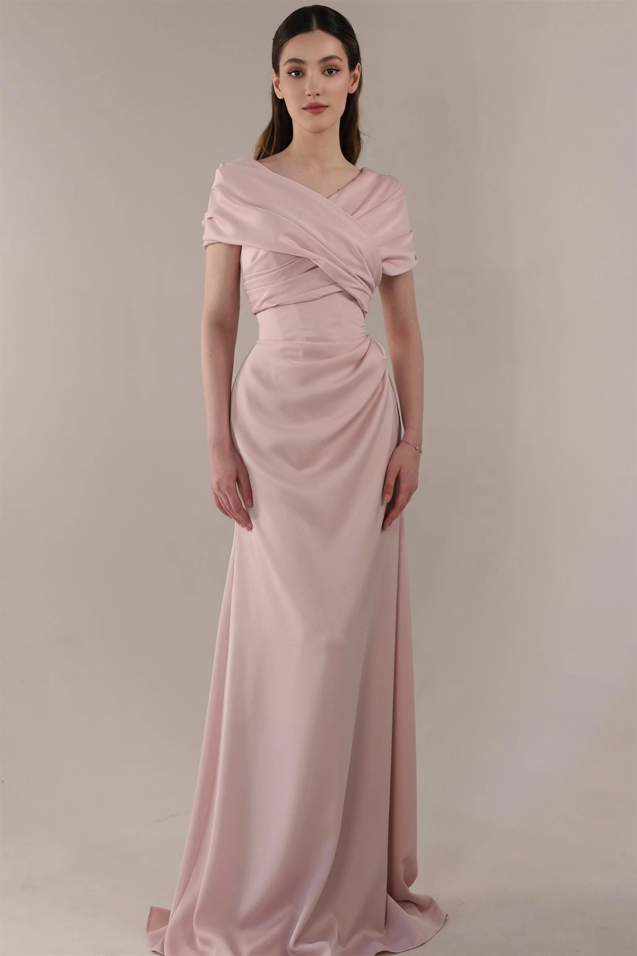 Romantic Dusty Rose Short Sleeves Satin Prom Dresses Floor Length With Lace-Up Back