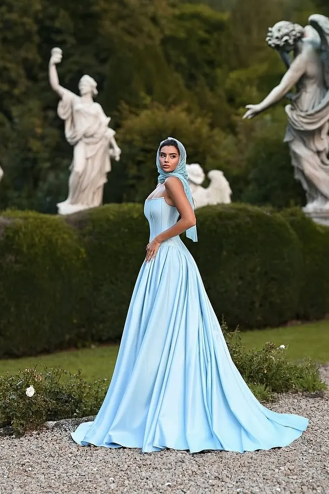 Glamorous Sky Blue Strapless Sleeveless Satin Prom Dresses A-Line With Pleats